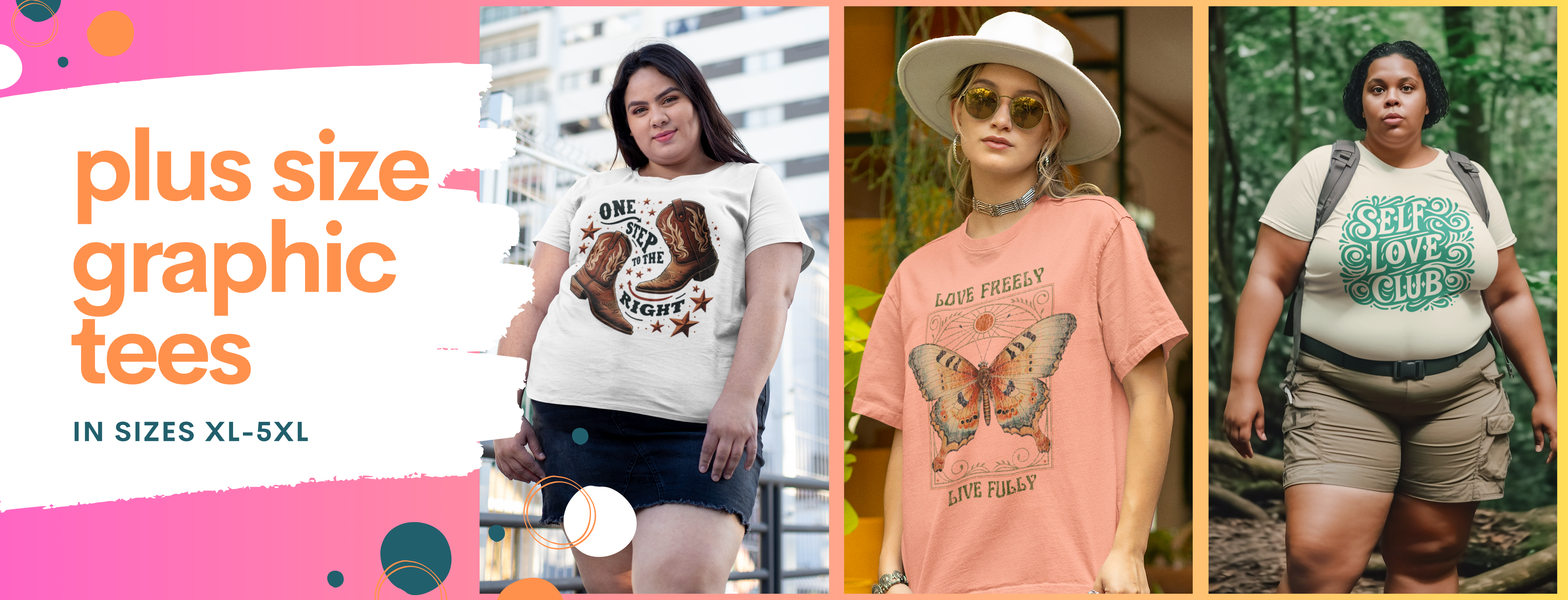 A collage of three women wearing plus size graphic tees