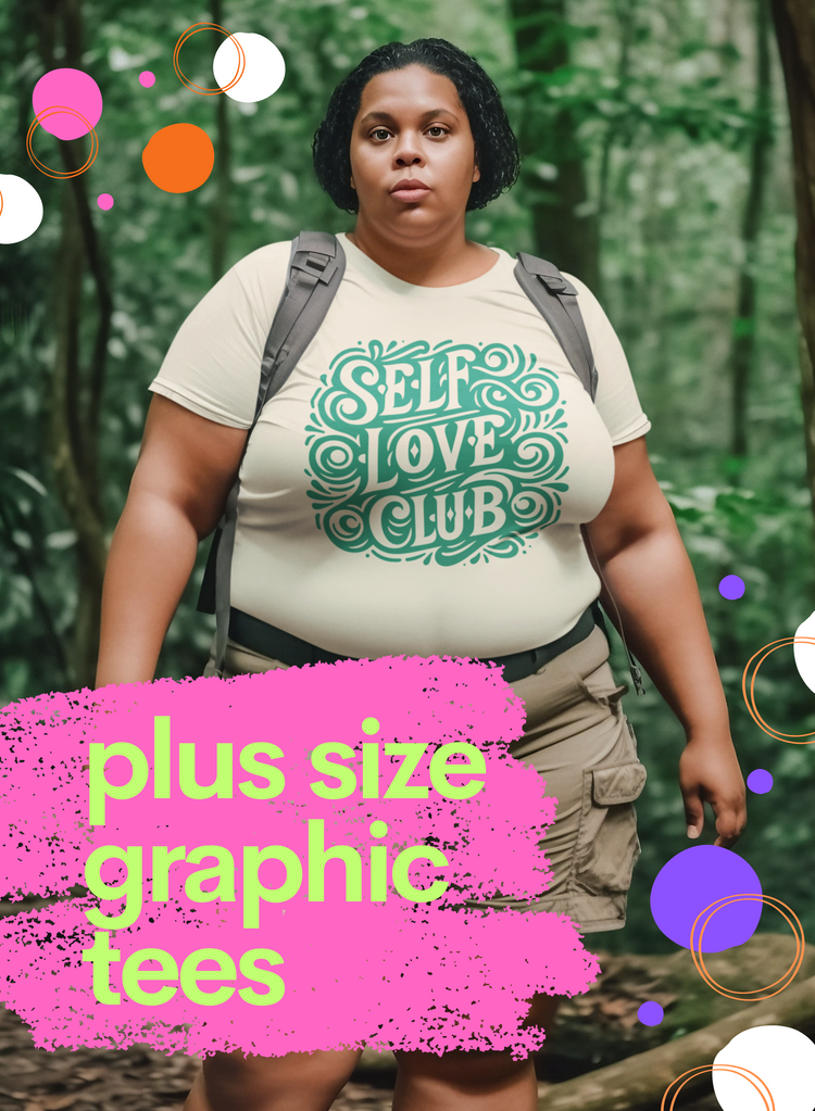 Plus size woman wearing a graphic tee with the words self love club.